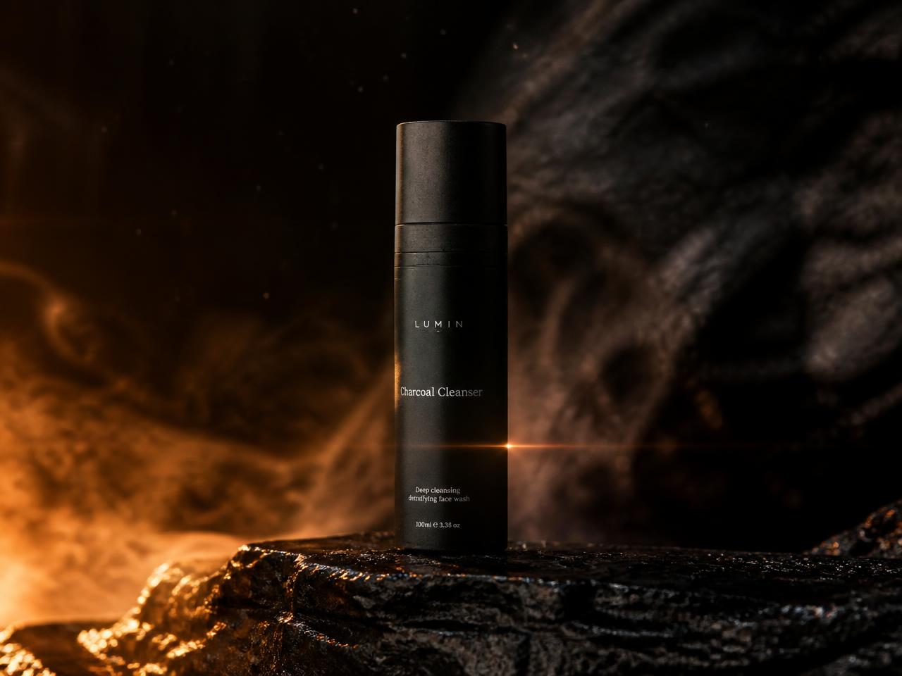 Frame de criativo em vídeo gerado por IA: frasco preto de skincare com luz âmbar e fumaça